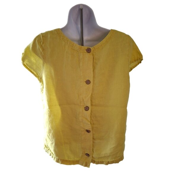 C&C California Linen Button Down Round Neck Blouse Womens Small Yellow - Picture 2 of 7
